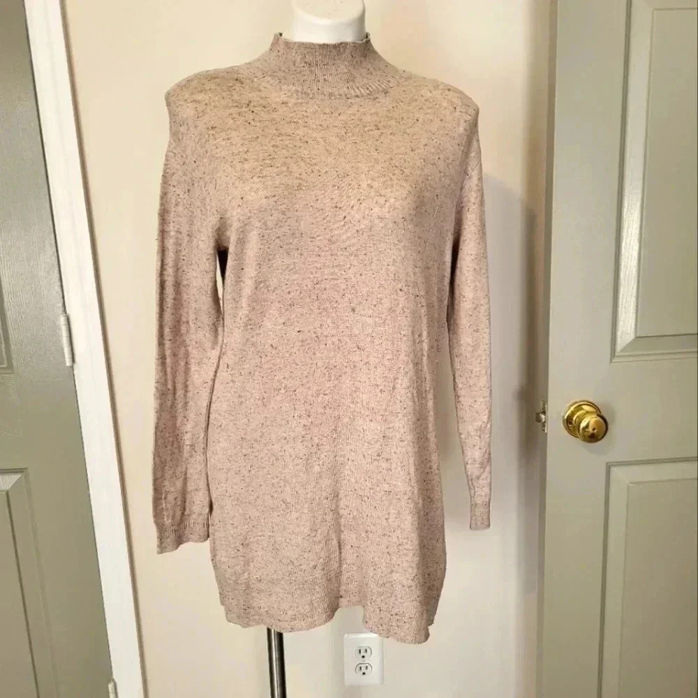 J Jill | Beige Speckled Knit Ribbed Mock Neck Silk Blend Tunic/Sweater(S)